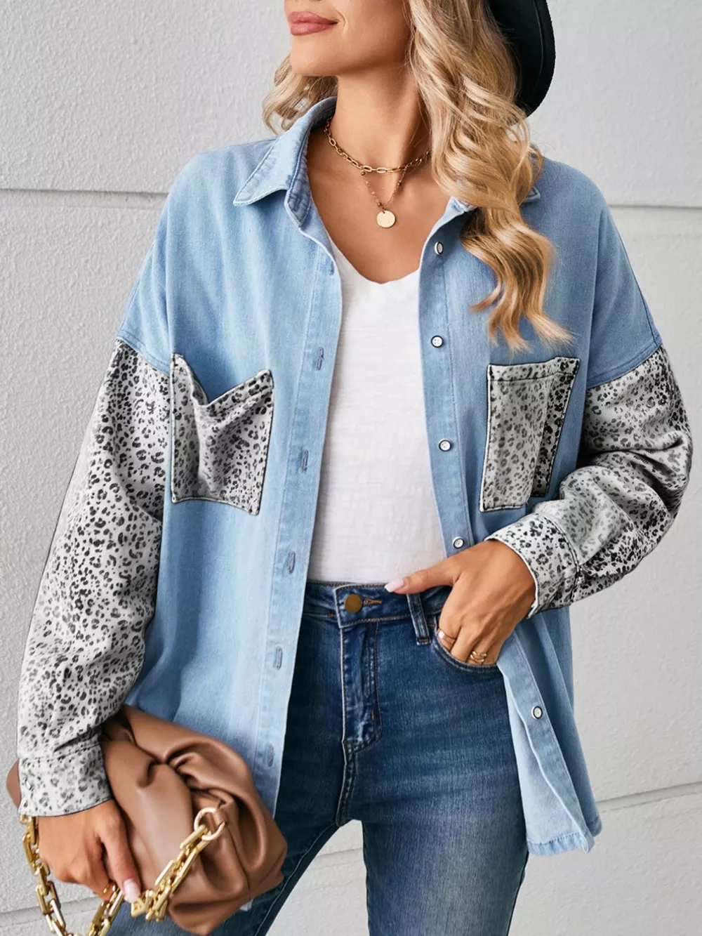 Leopard Patchwork Button Up Denim Shirt, image 2