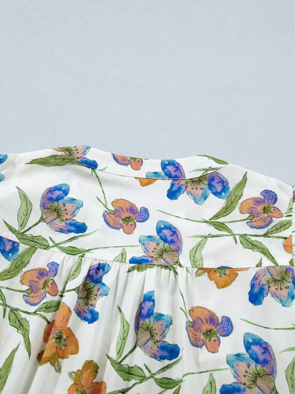 Floral Print Ruffle V-Neck Pressed Pleats Binding Tape Cotton Blouse, image 12