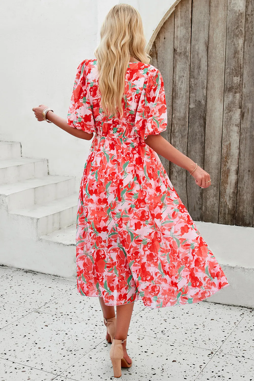 Smocked Printed V-Neck Short Sleeve Dress, image 6