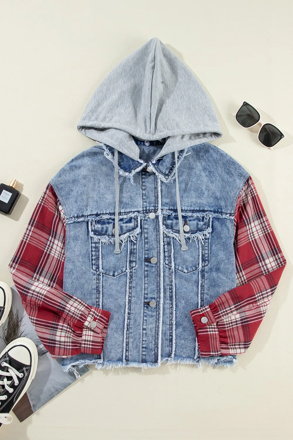 Raw Hem Drawstring Plaid Denim Jacket, image 2