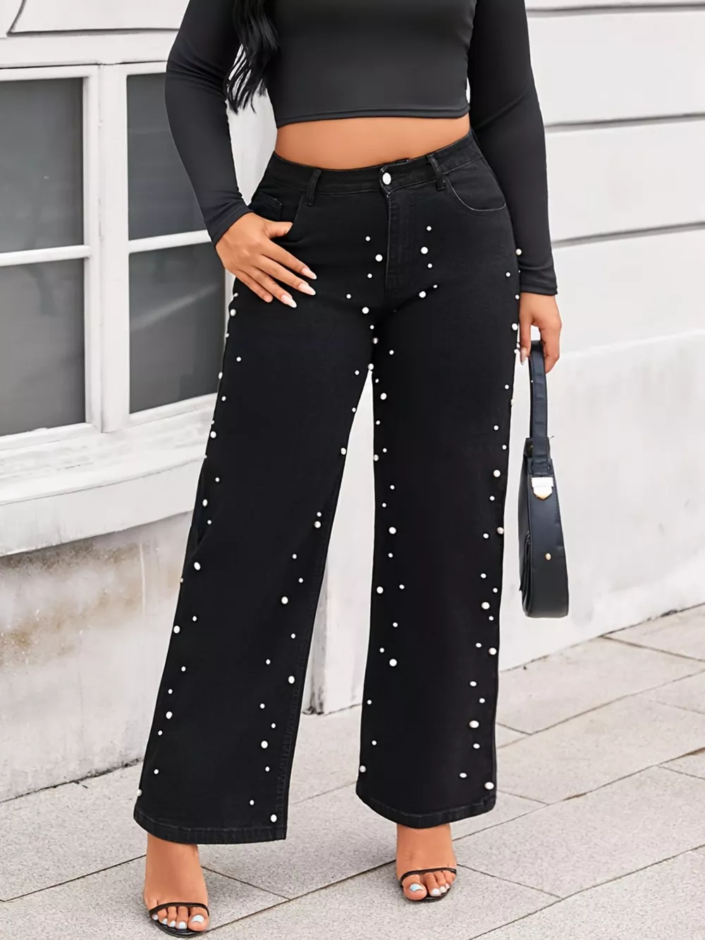 Plus Size Pearl Embellished Wide Leg Jeans, image 3
