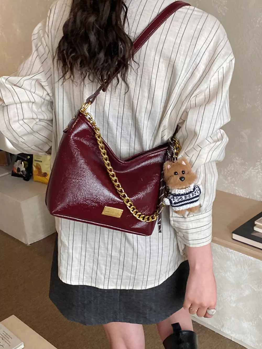 Chain Decor Shoulder Bag with Bear Charm, image 4