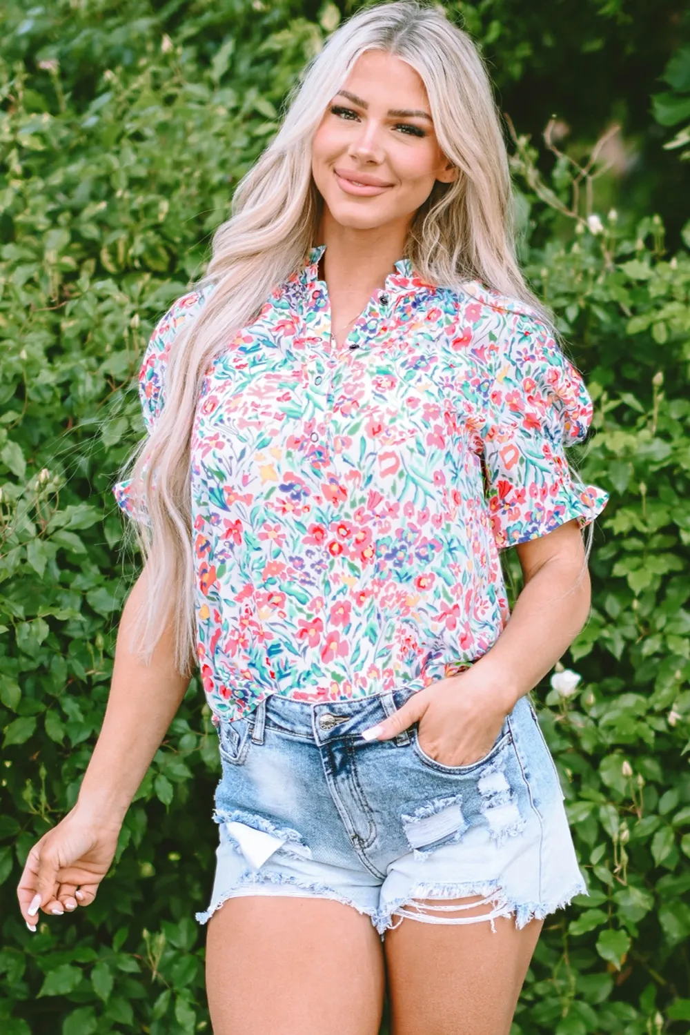 Printed Notched Short Sleeve Blouse, image 4