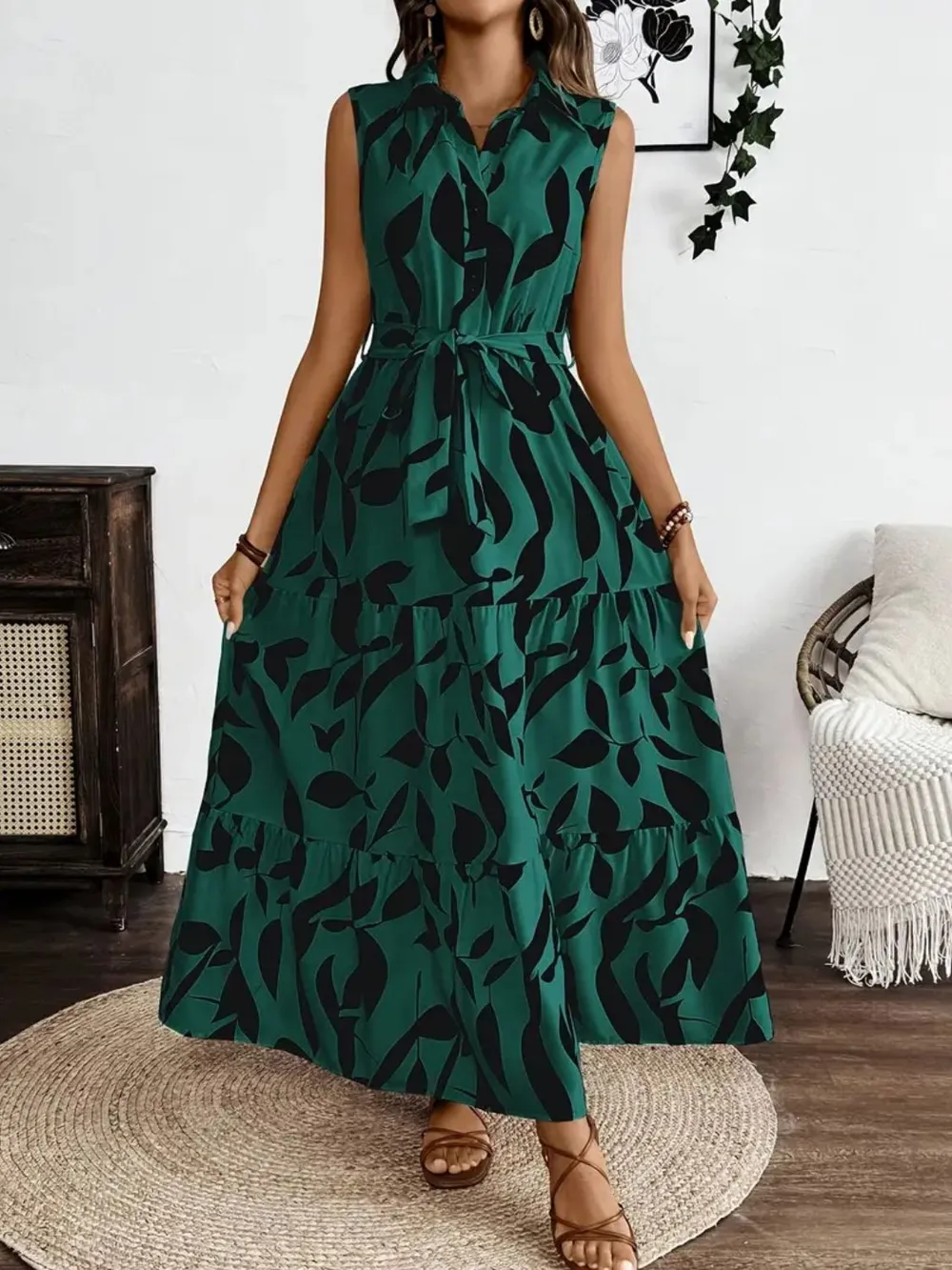 Printed Tie Waist Sleeveless Maxi Dress, image 4