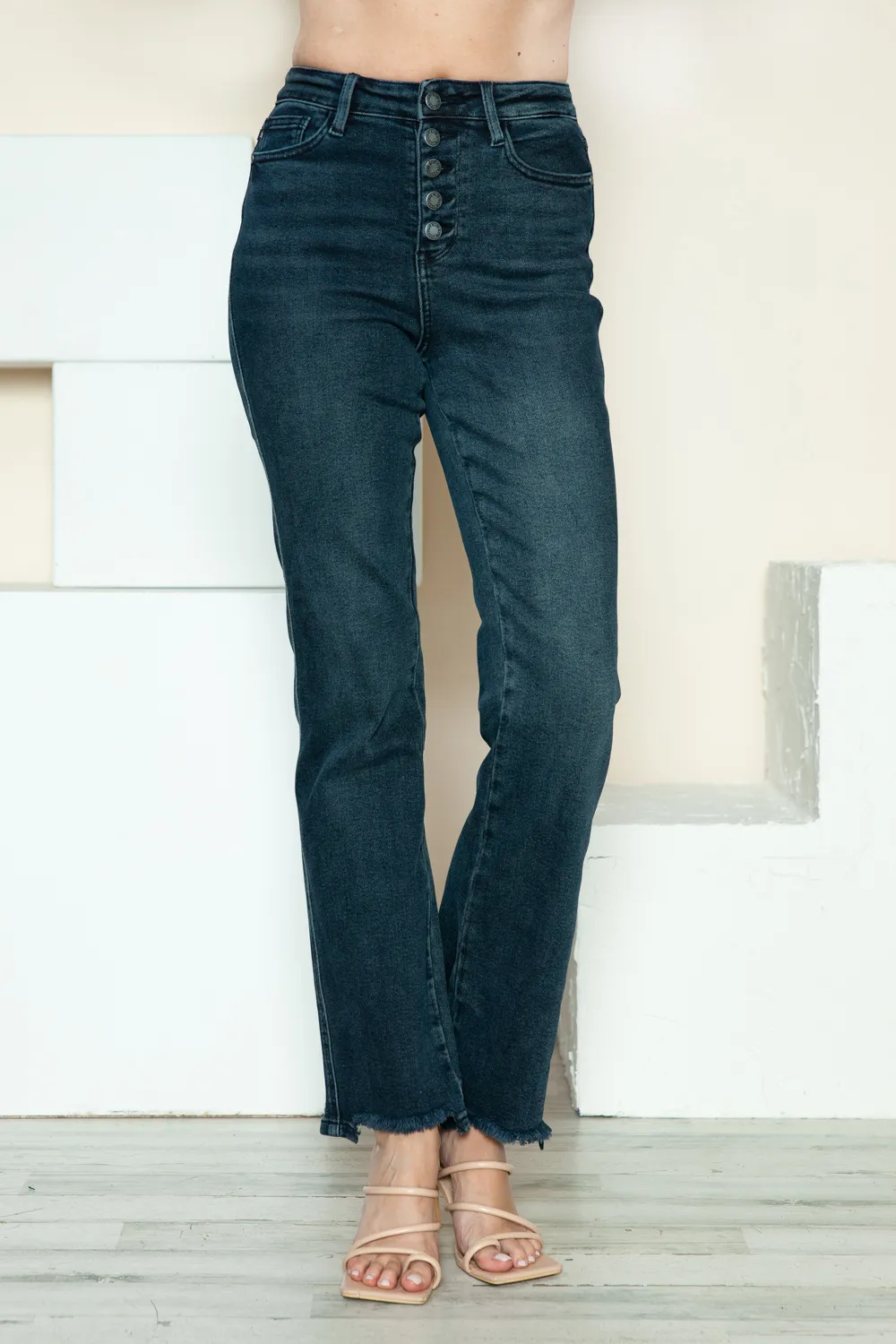 Full Size Button Fly Hem Destroy Straight Jeans, image 4
