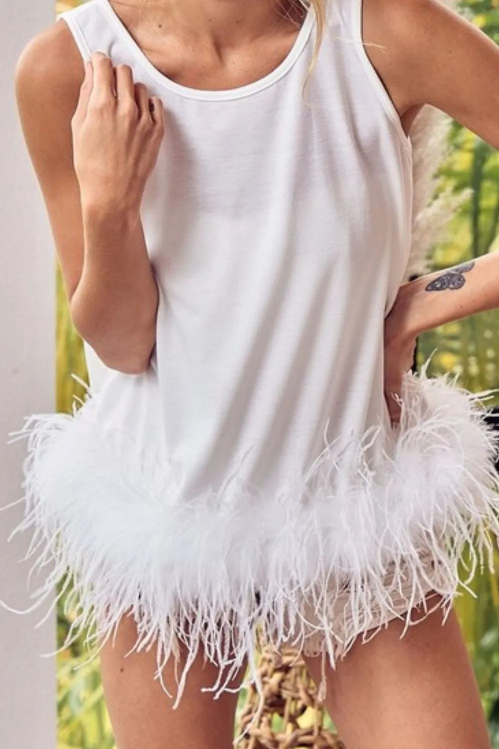 French Terry Faux Feather Bottom Back Tied Top, image 2