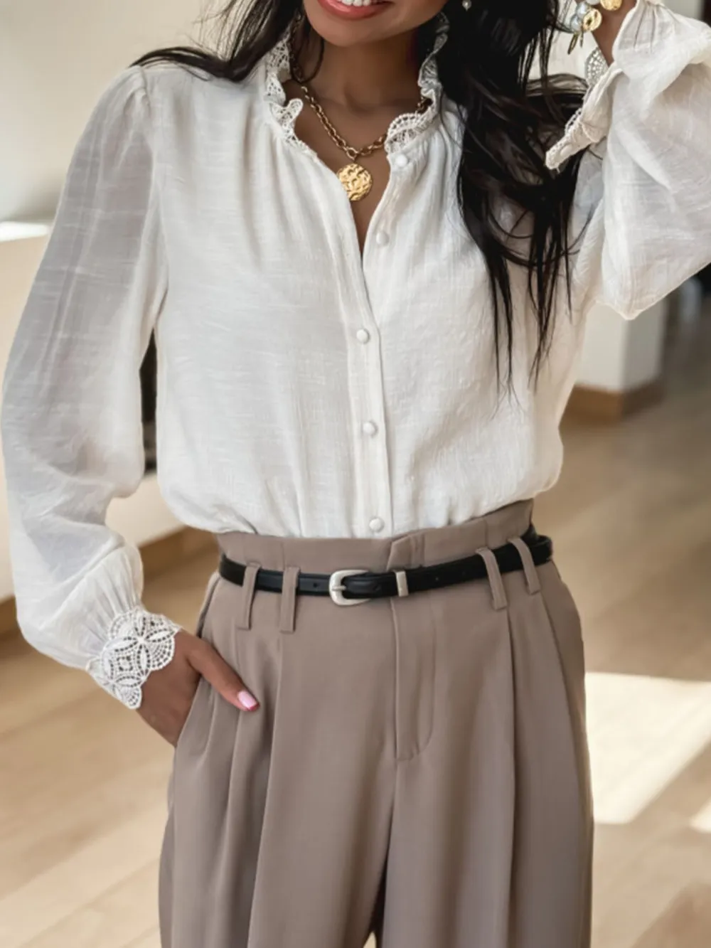 Lace Patchwork Buttoned Stand Neck Loose Shirt, image 2