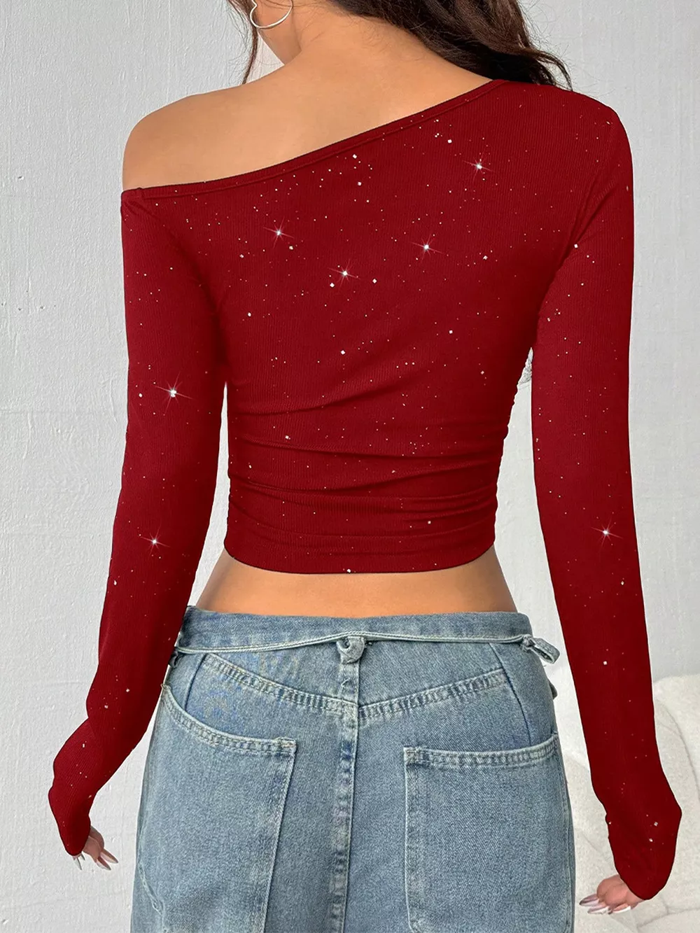 Glitter One-Shoulder Long Sleeve Crop T-Shirt, image 10
