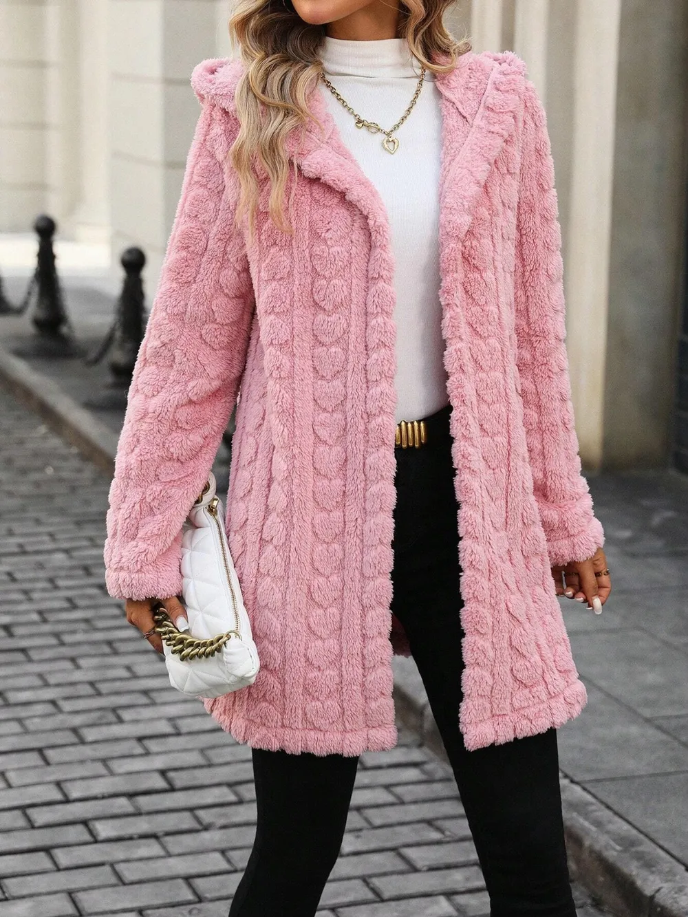 Heart Open Front Hooded Fuzzy Coat, image 2