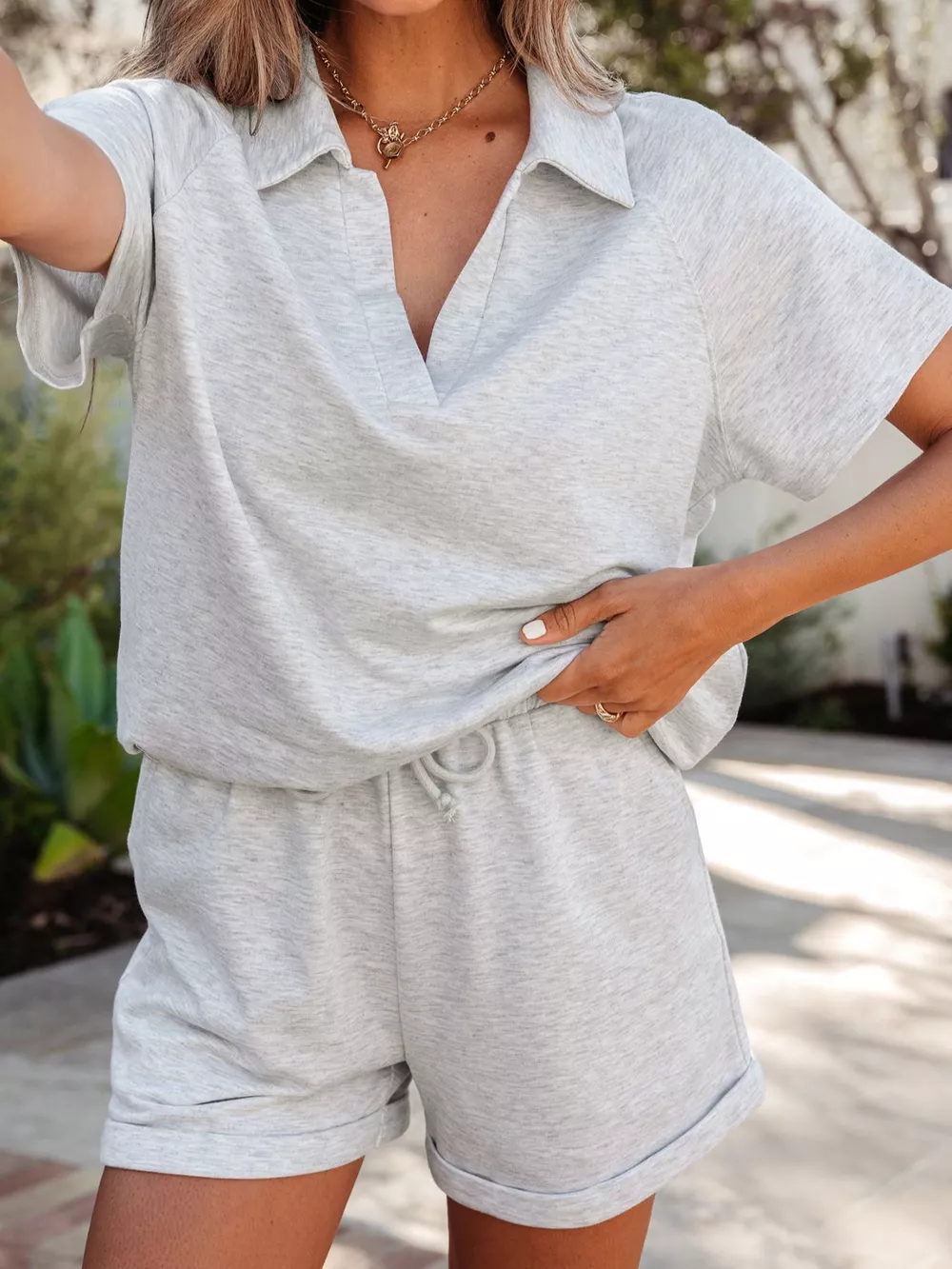 Polo Collar Short Sleeve Top and Shorts Set, image 3