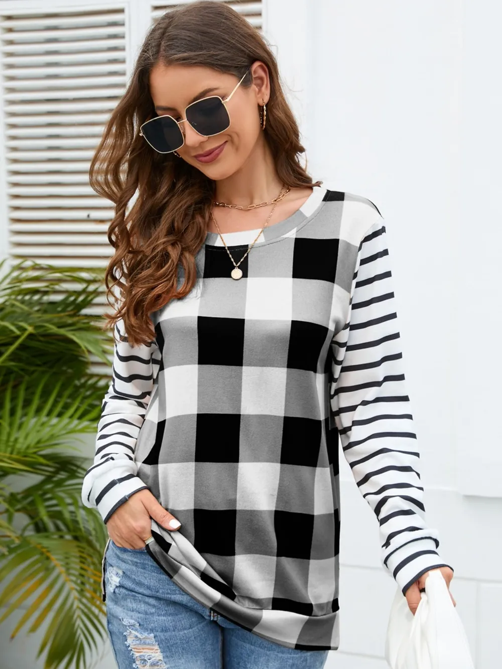 Plaid Striped Round Neck Long Sleeve T-Shirt, image 19