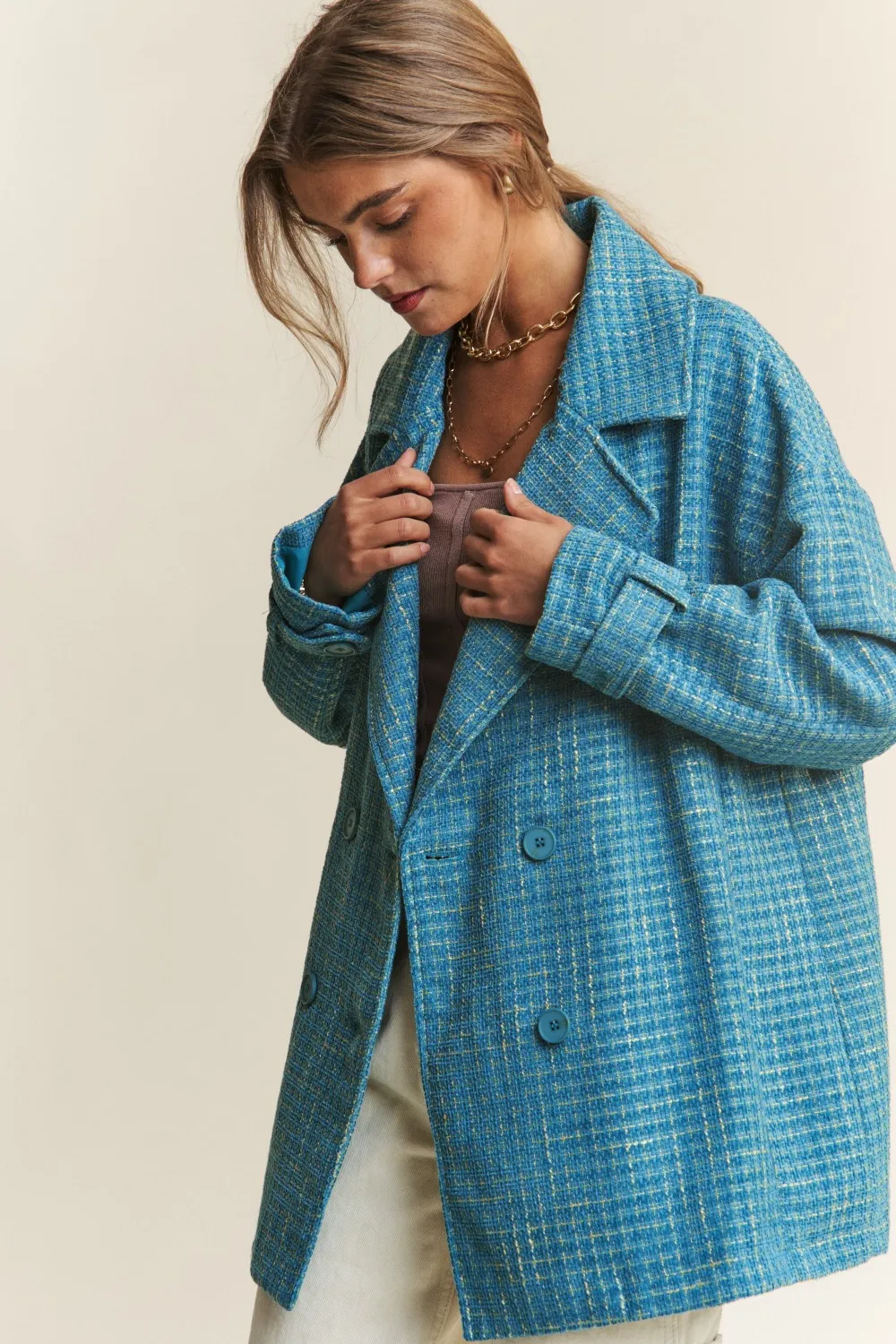 Tweed Double-Breasted Long Sleeve Coat, image 5