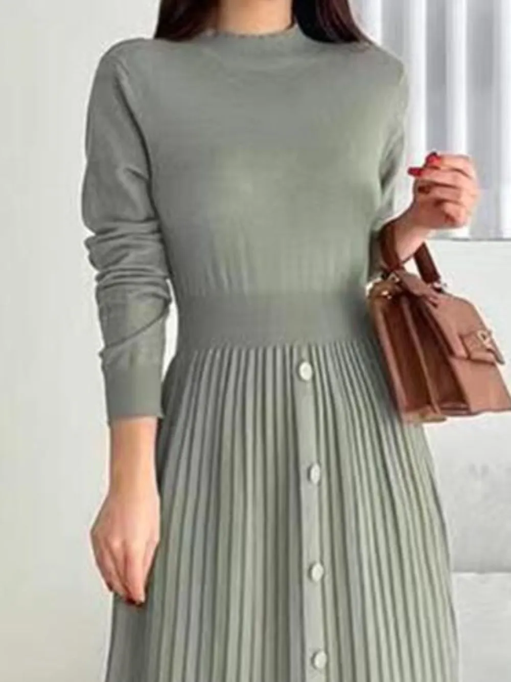 Slit Front Mock Neck Long Sleeve Knit Dress, image 13