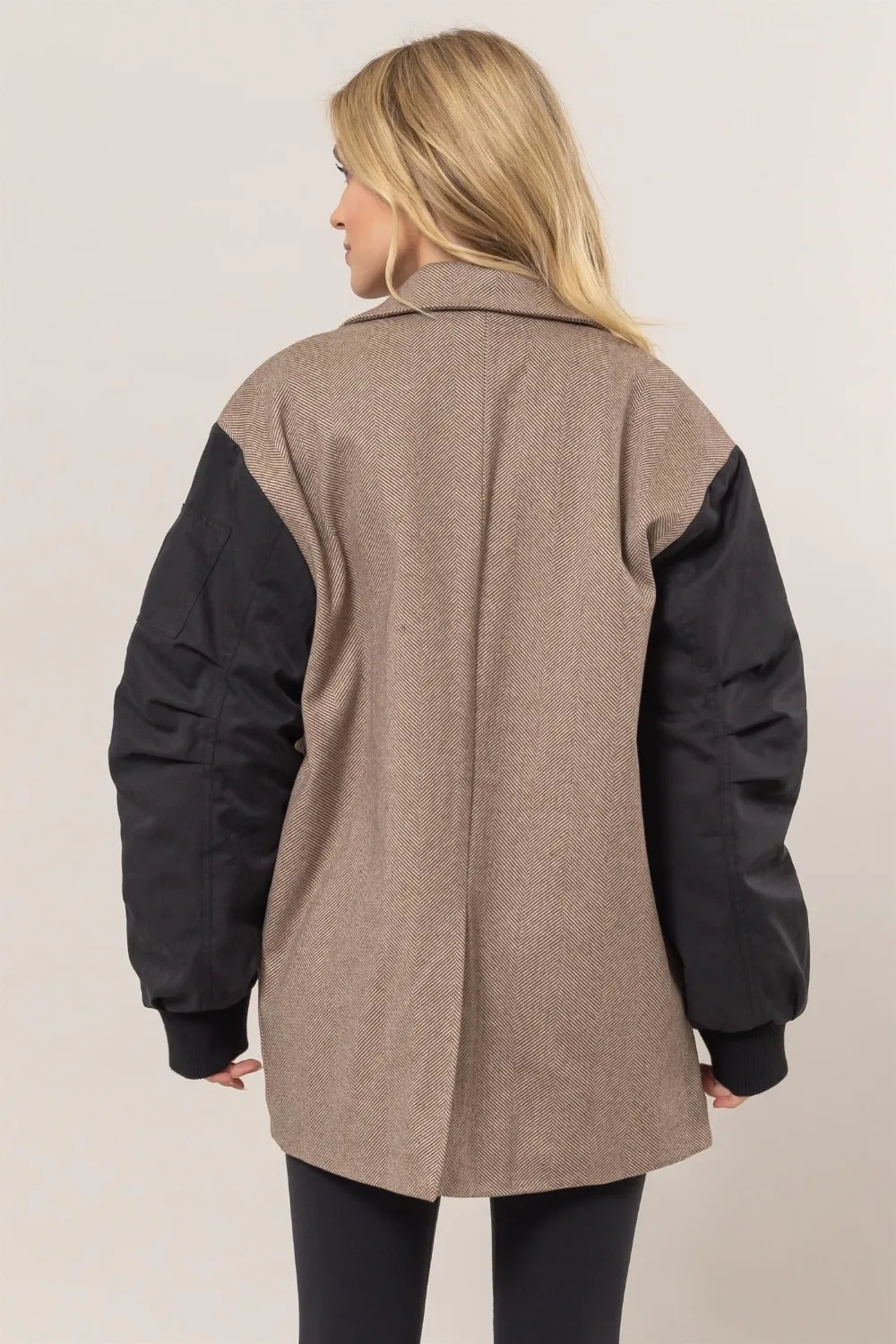Herringbone Mixed Media Contrast Long Sleeve Blazer, image 2