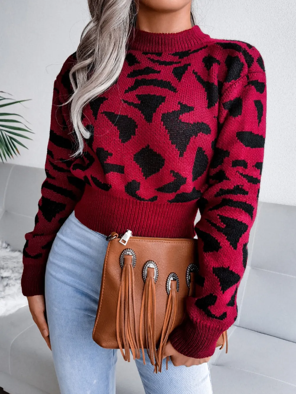 Leopard Round Neck Dropped Shoulder Sweater, image 2