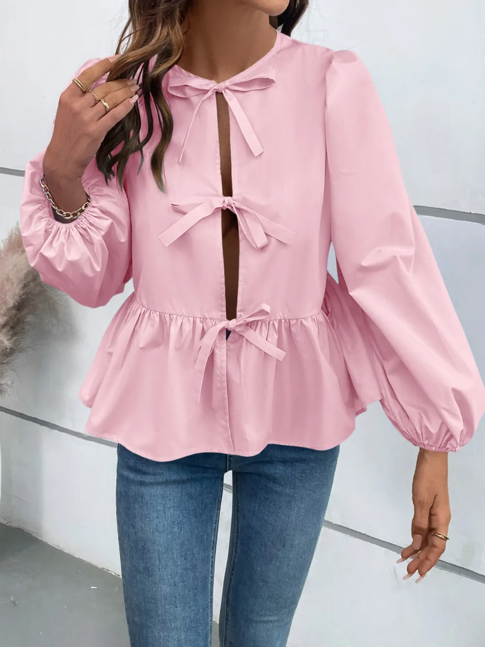 Peplum Tied Long Sleeve Blouse, image 8