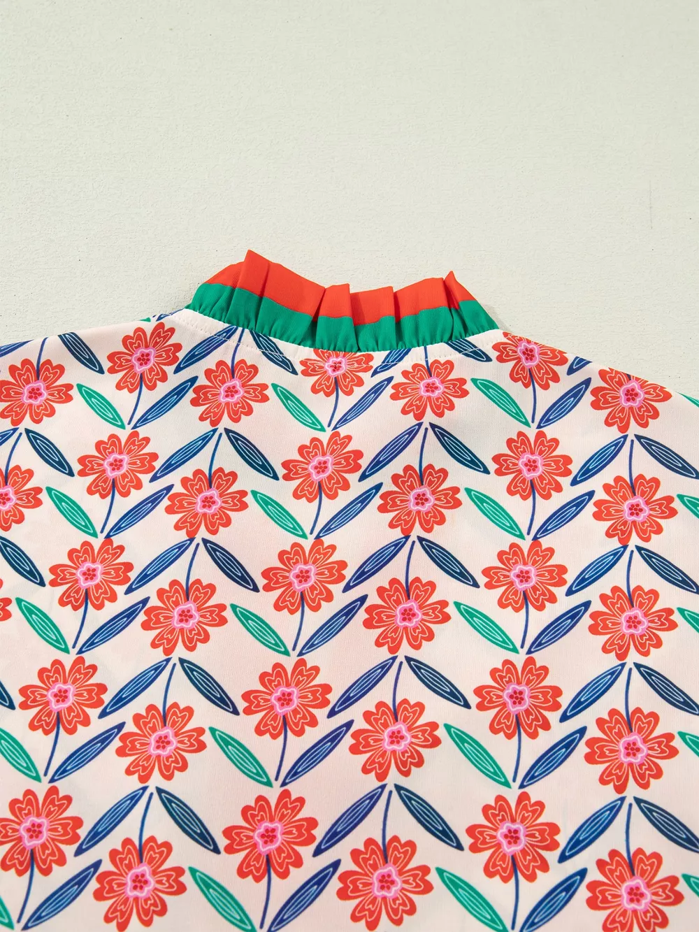 Floral Print Striped Detail V Neck Ruffled Short Sleeve Blouse, image 2