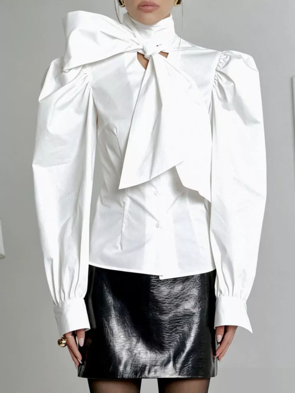 Bow Tie Puffed Sleeves Blouse