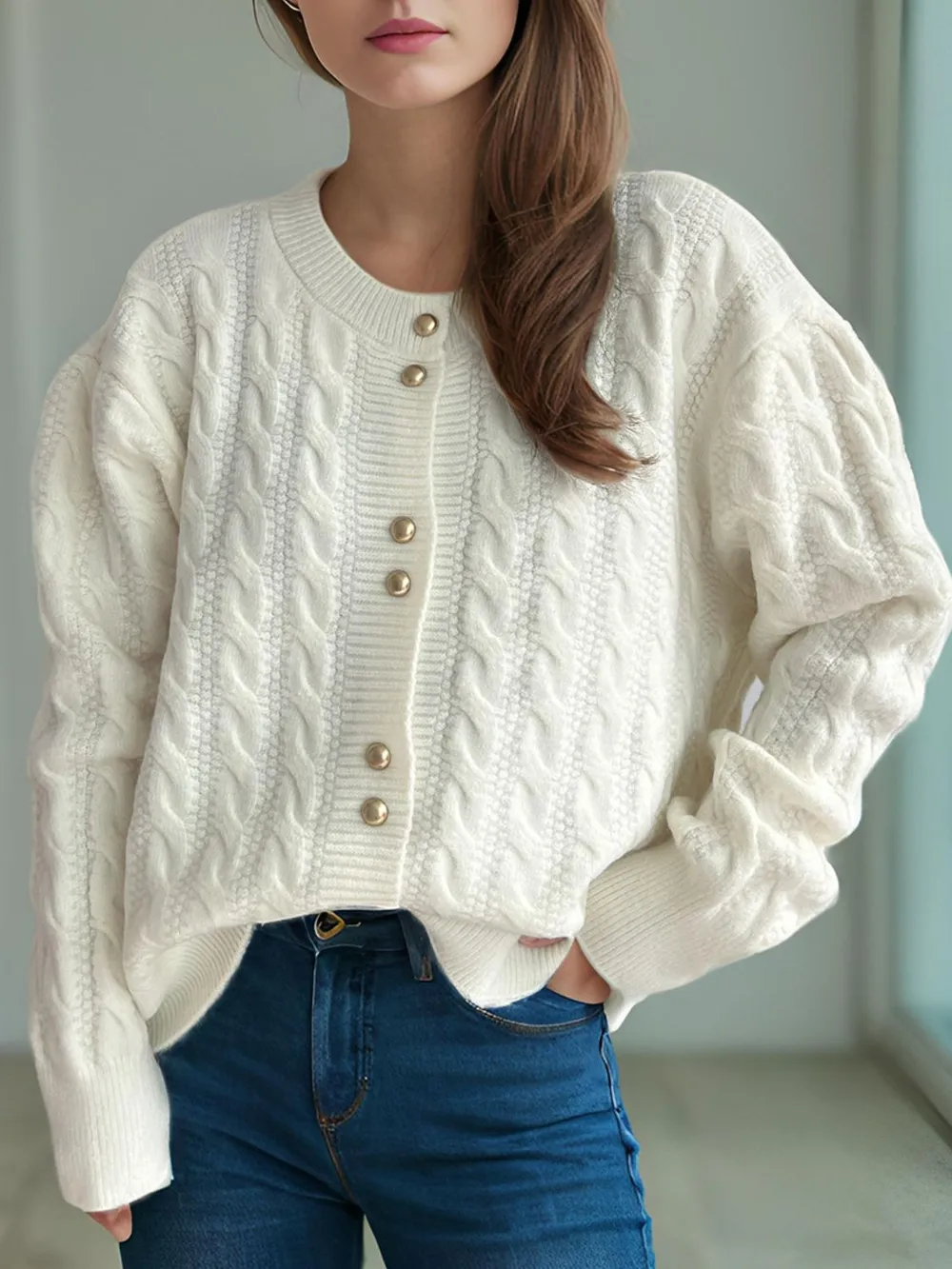 Cable-Knit Round Neck Long Sleeve Cardigan, image 2