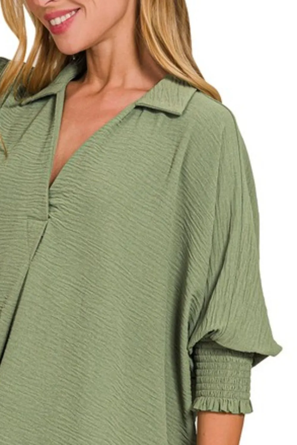 Airflow Collar Tee with Smocked Sleeve Band Top, image 3
