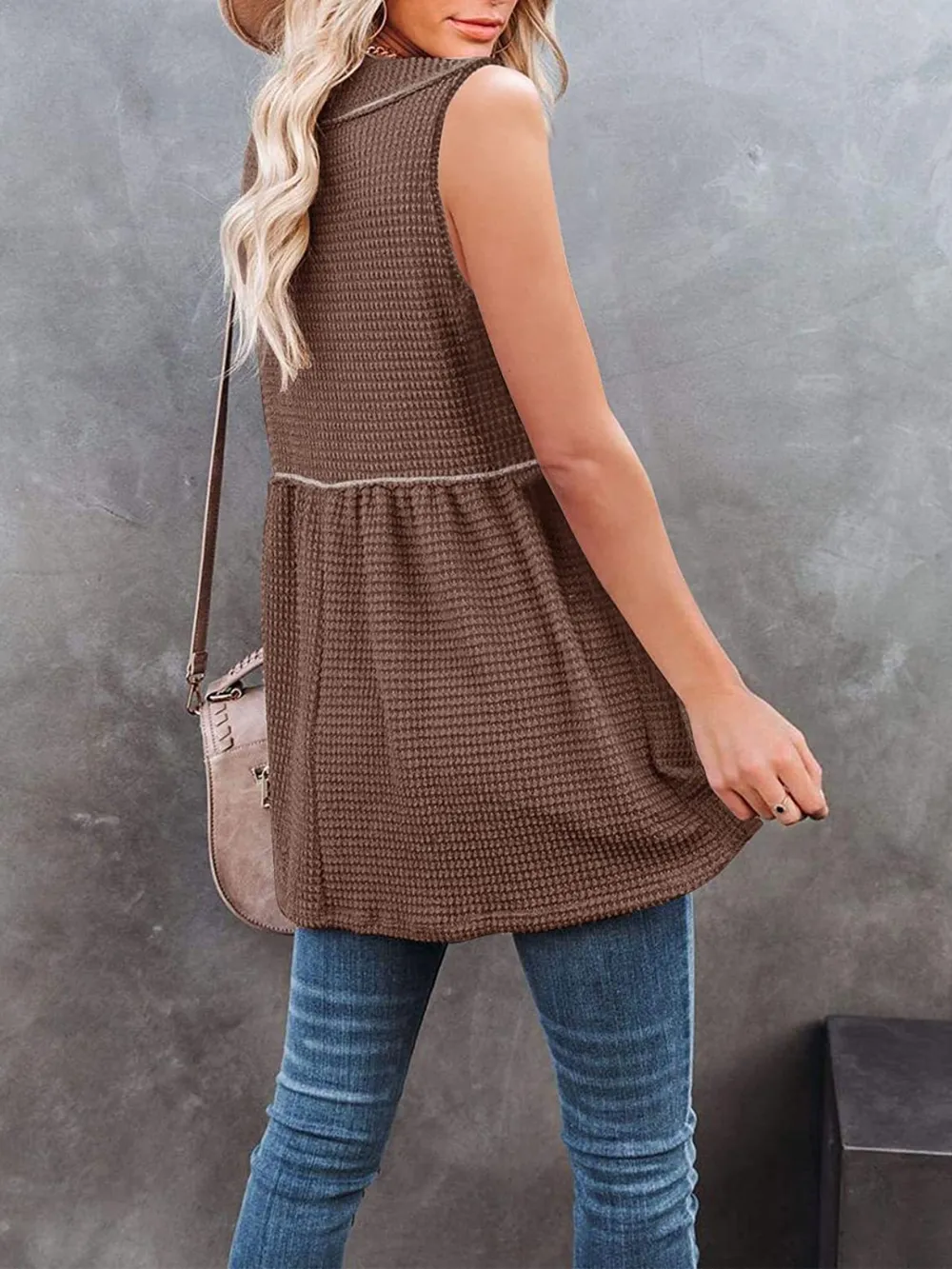 V-Neck Waffle Knit Tank Top with Contrast Stitching, image 23