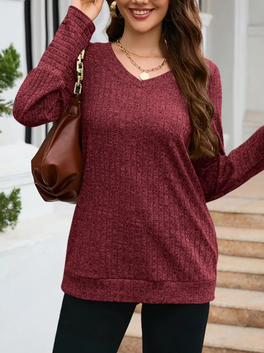 V-Neck Textured Knit Long Sleeve T-Shirt, image 18