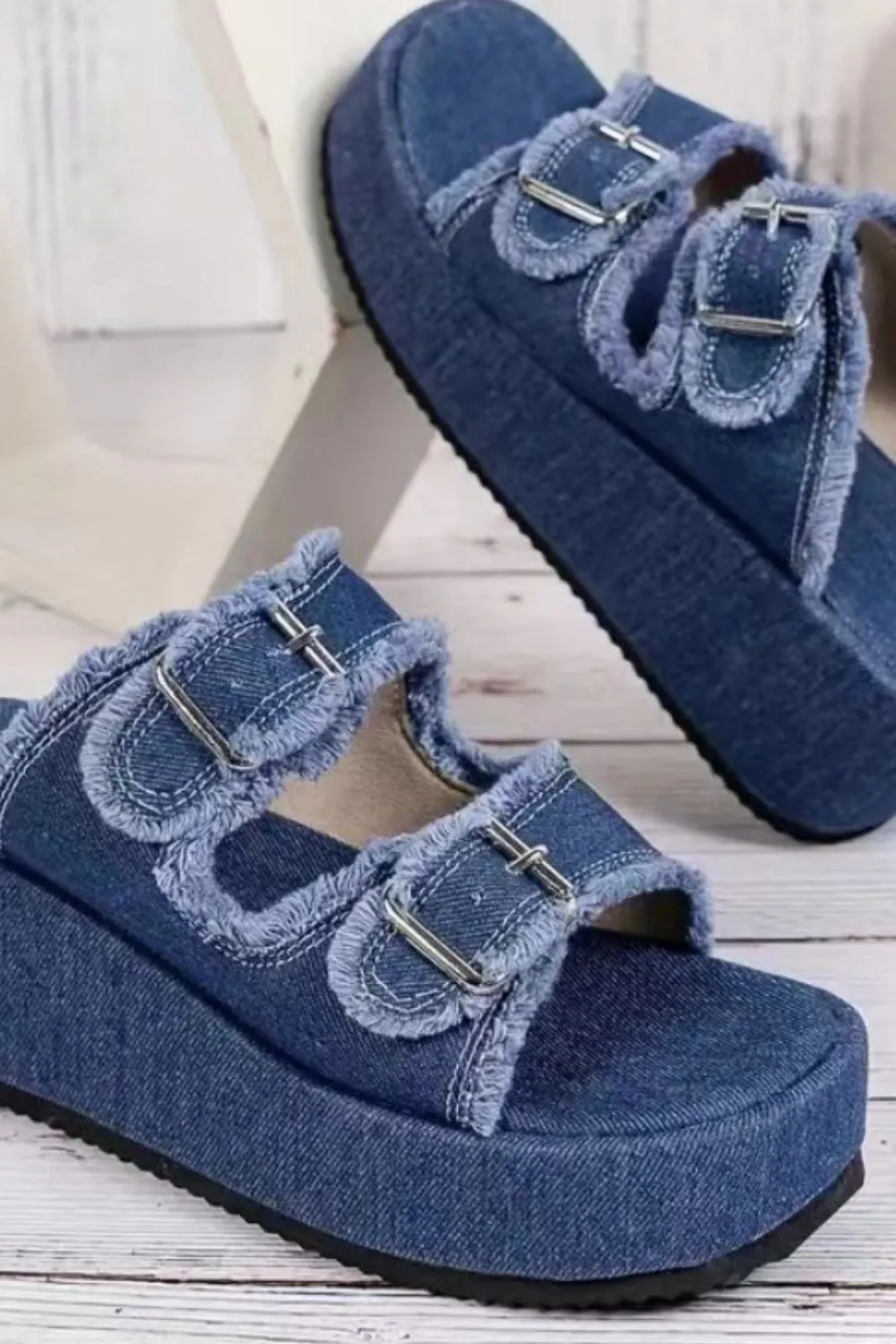 Raw Hem Wedge Buckle Sandals, image 2