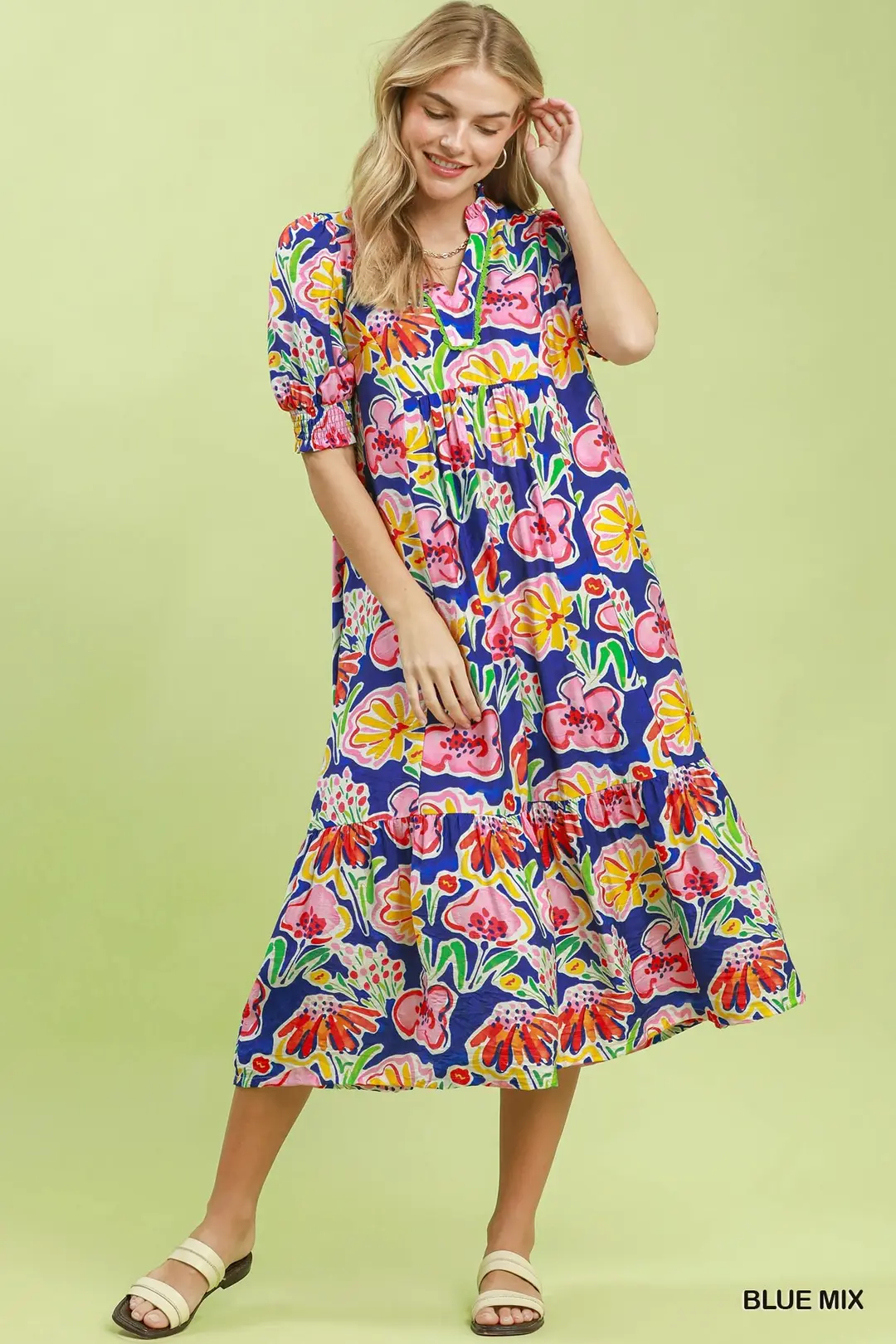 Floral Print Puff Sleeve Tiered Midi Dress, image 2