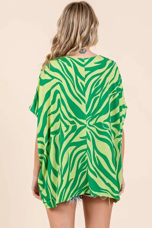 Zebra Print V-Neck Short Sleeve Oversized Top, image 2