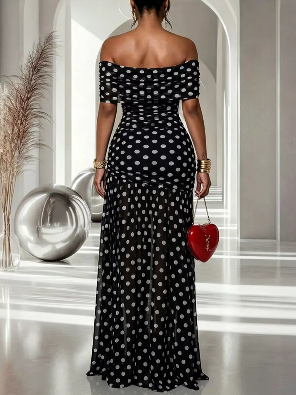 Polka Dot Off Shoulder Slit Maxi Dress, image 2