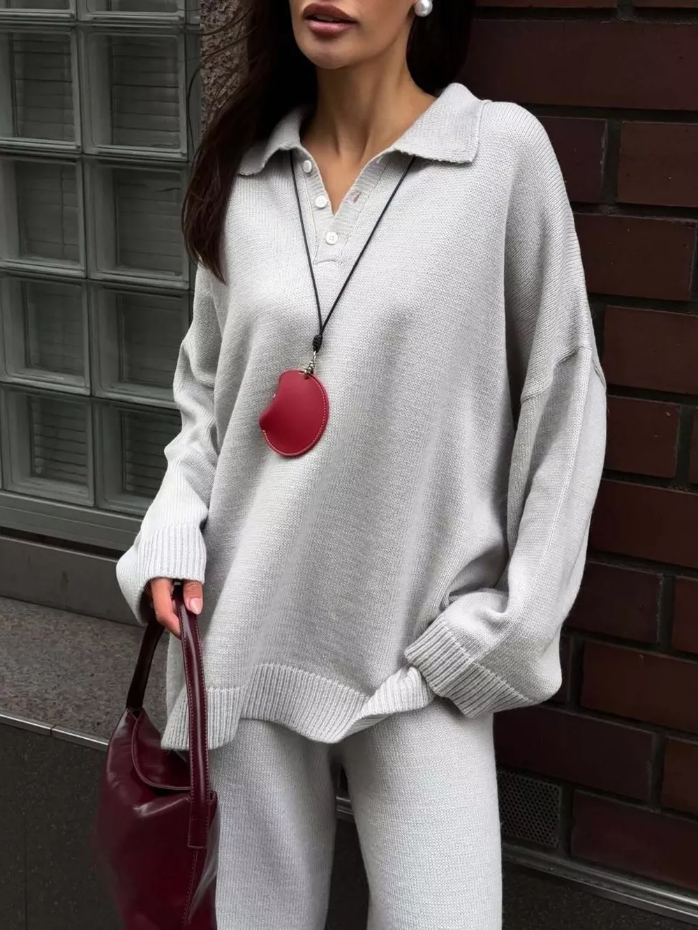 Polo Collar Top and Wide Leg Pants Knit Set, image 6