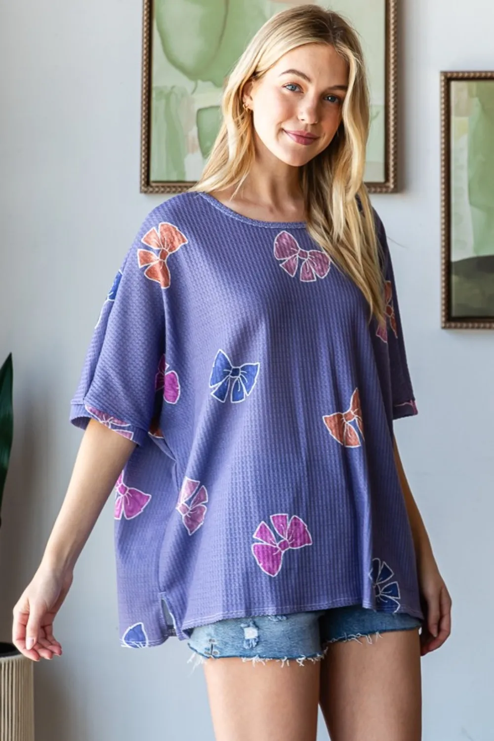 Bow Print Waffle Side Slit T-Shirt, image 2