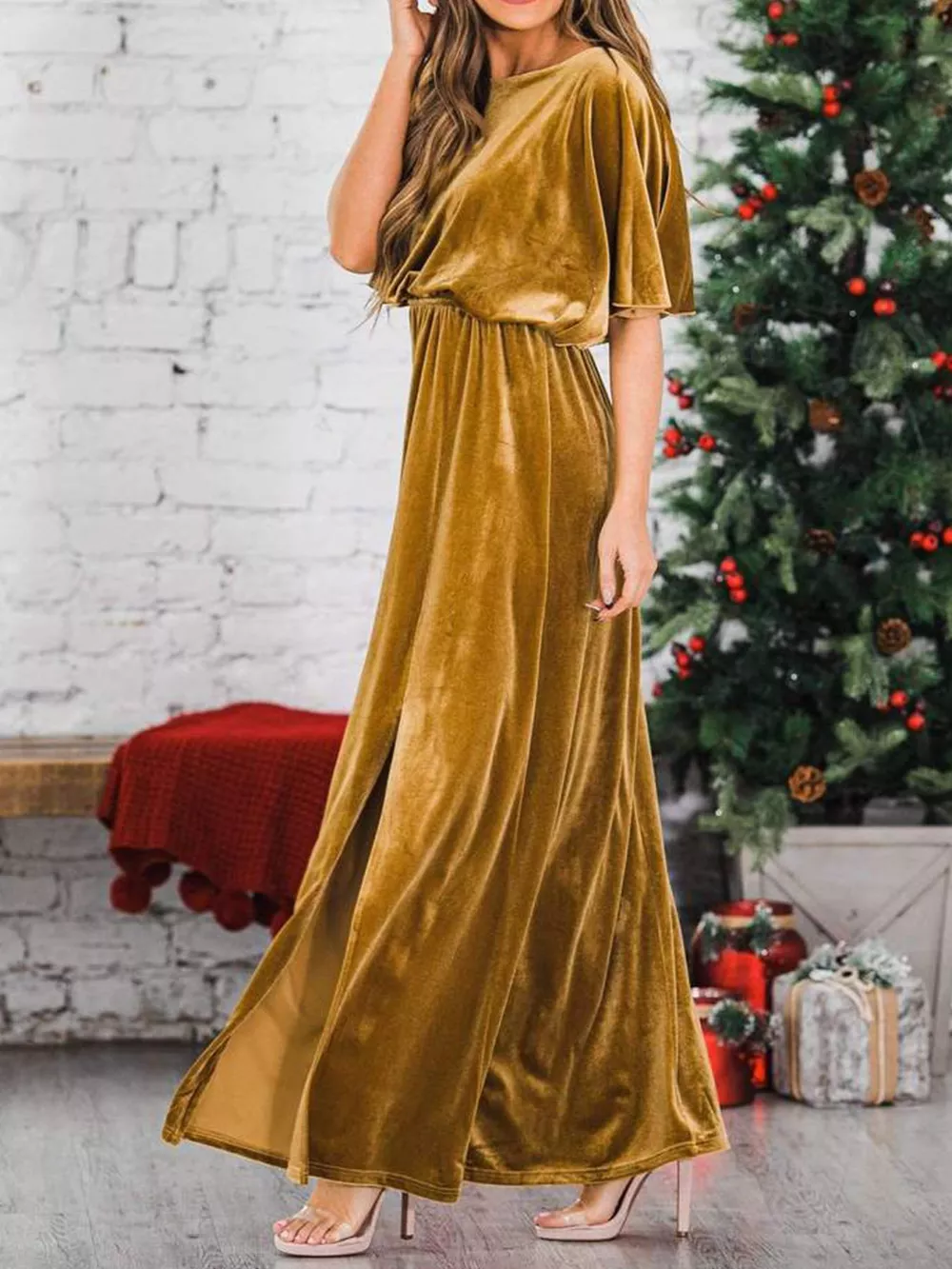 Slit Round Neck Flutter Sleeve Velvet Maxi Dress, image 6