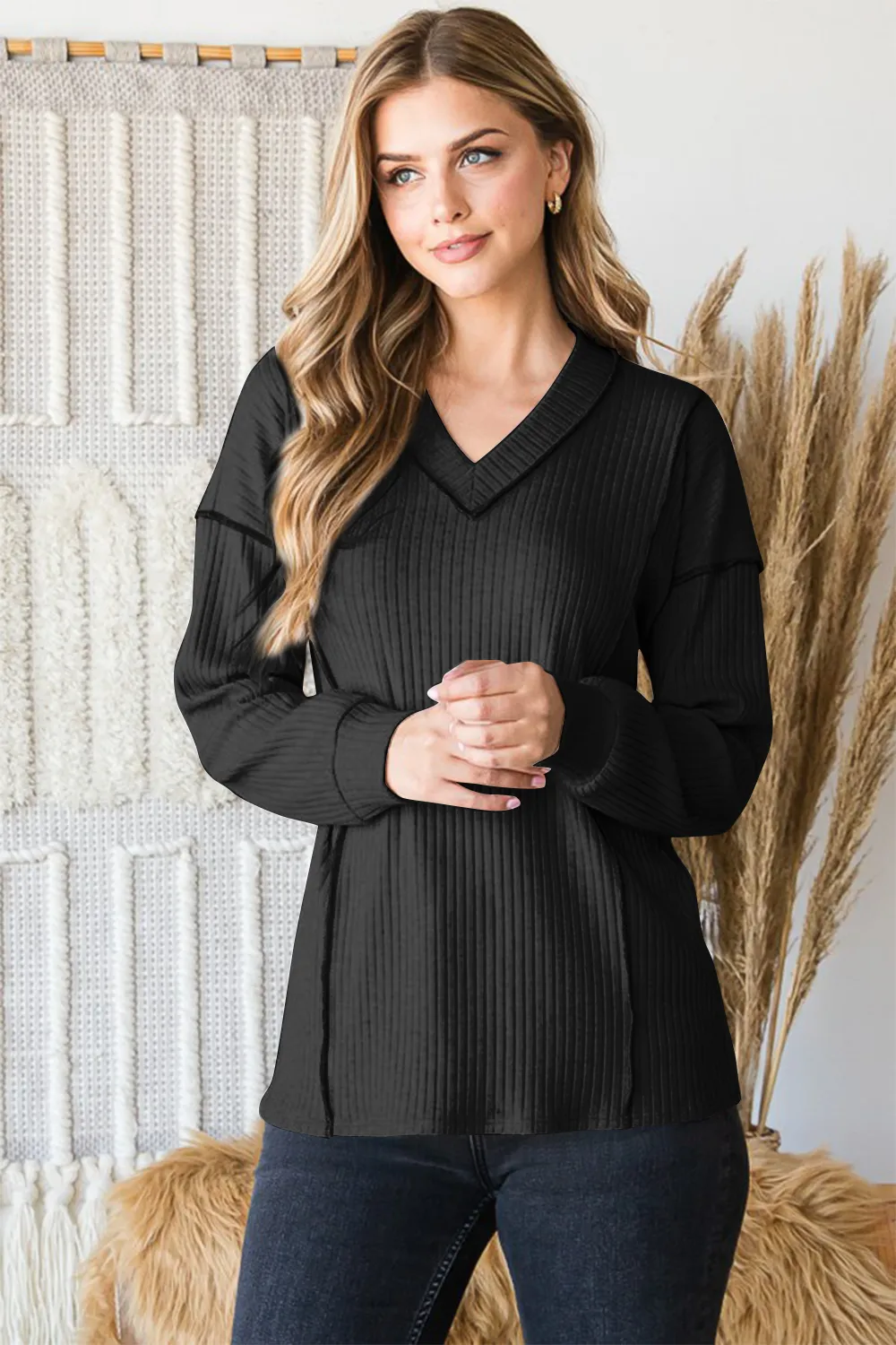 Full Size Ribbed V-Neck Exposed Seam Top, image 3