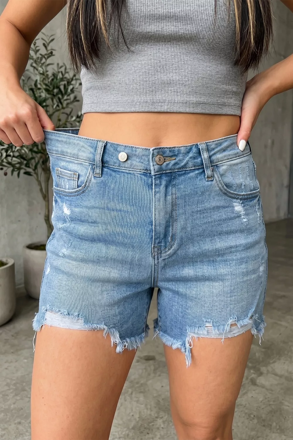 Asymmetric Raw Hem Distressed Whiskery Denim Shorts, image 2