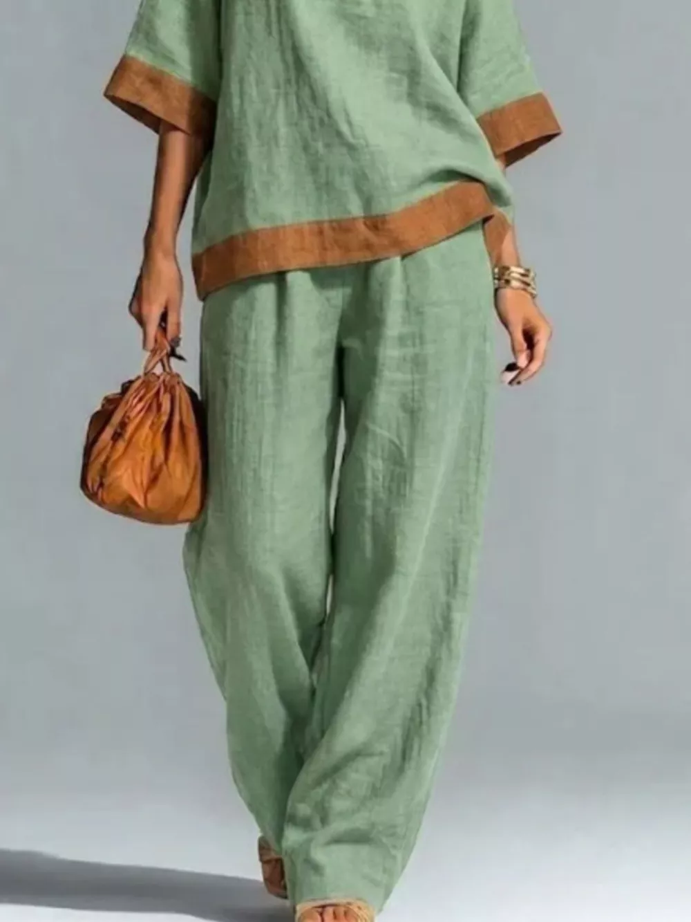 Full Size Contrast Trim Top and Wide Leg Pants Set Plus Size, image 6