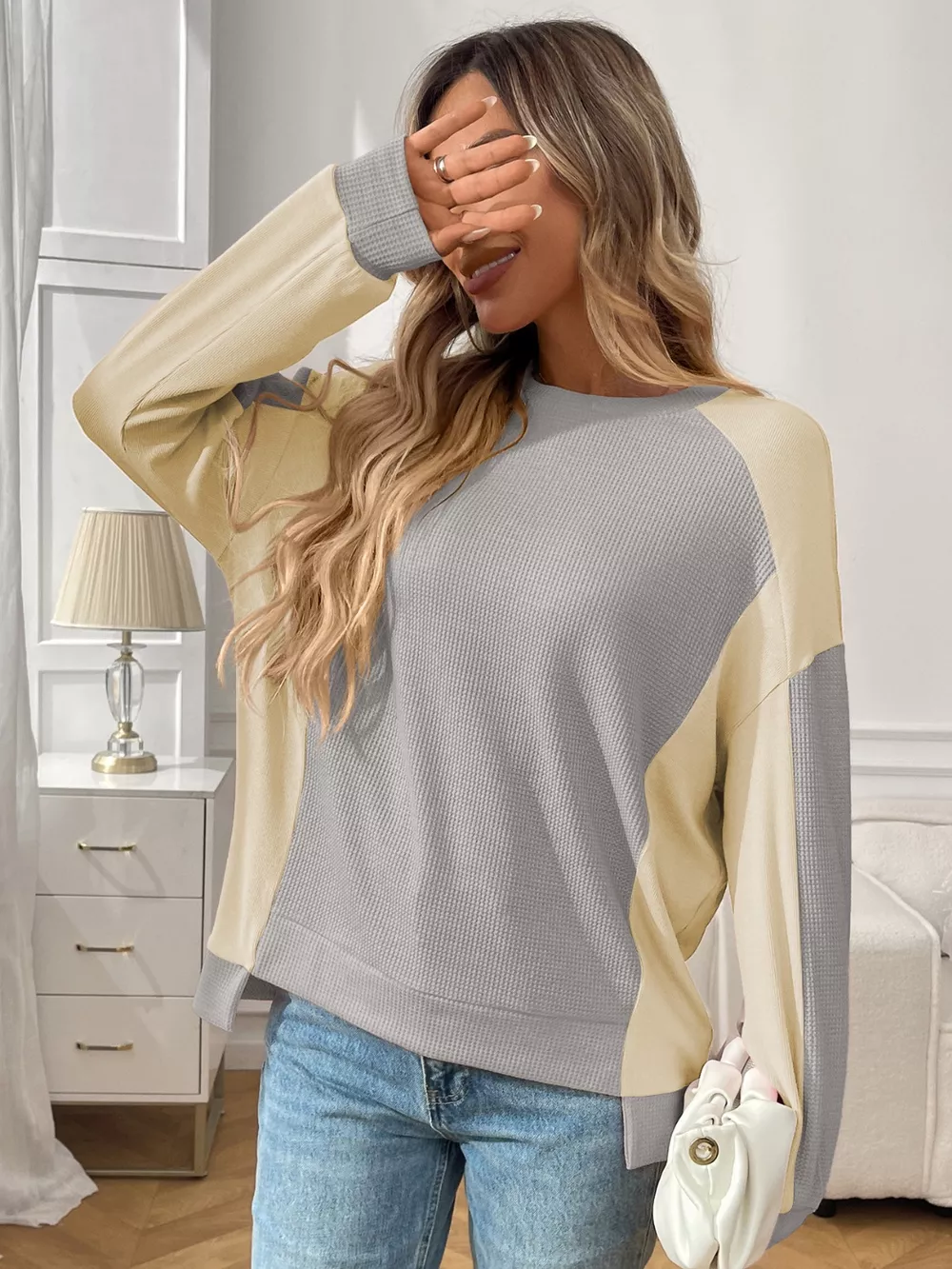 Color Block Waffle Knit Long Sleeve T-Shirt, image 9