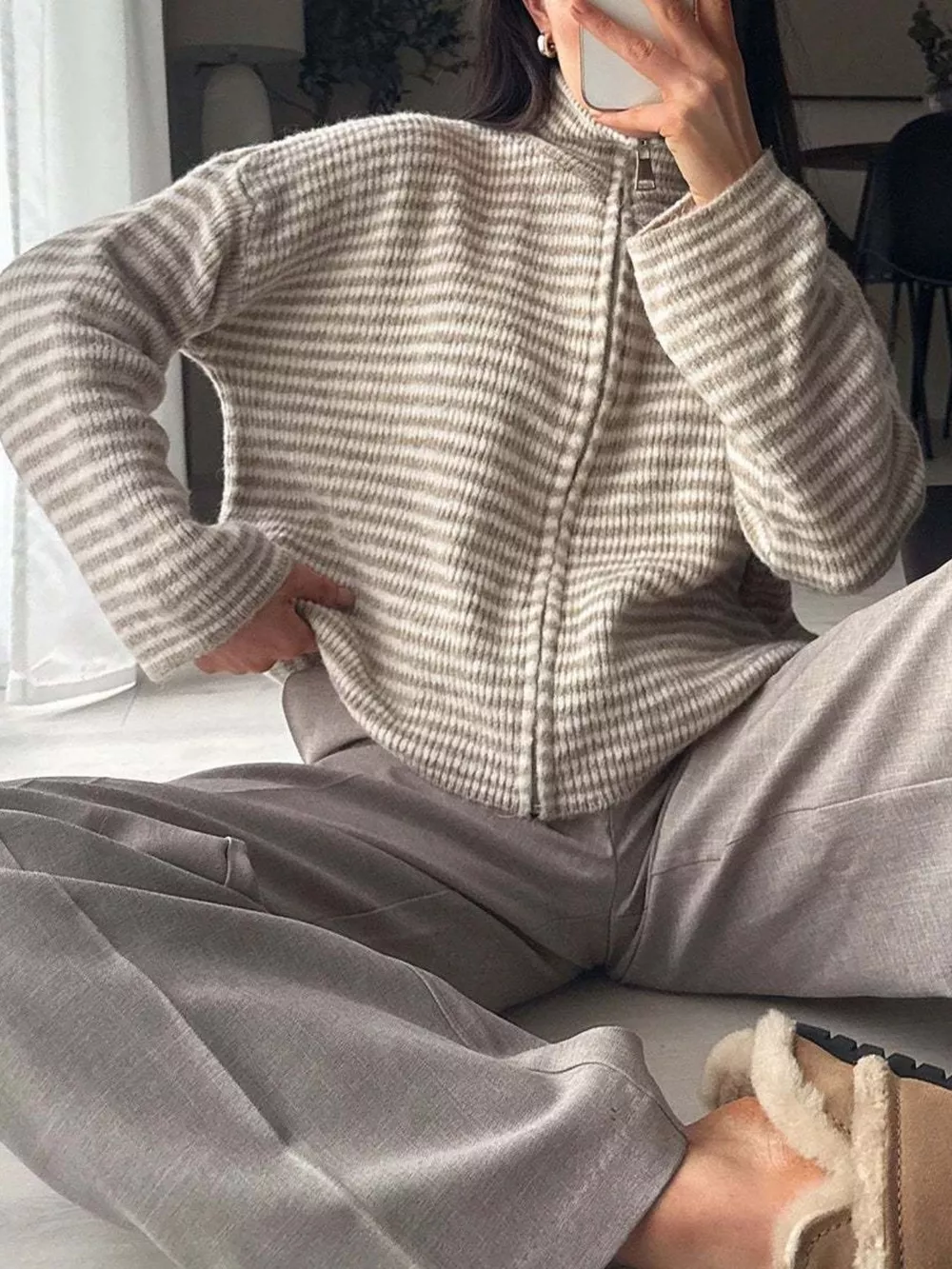 Striped Zip-Up Knit Cardigan, image 4