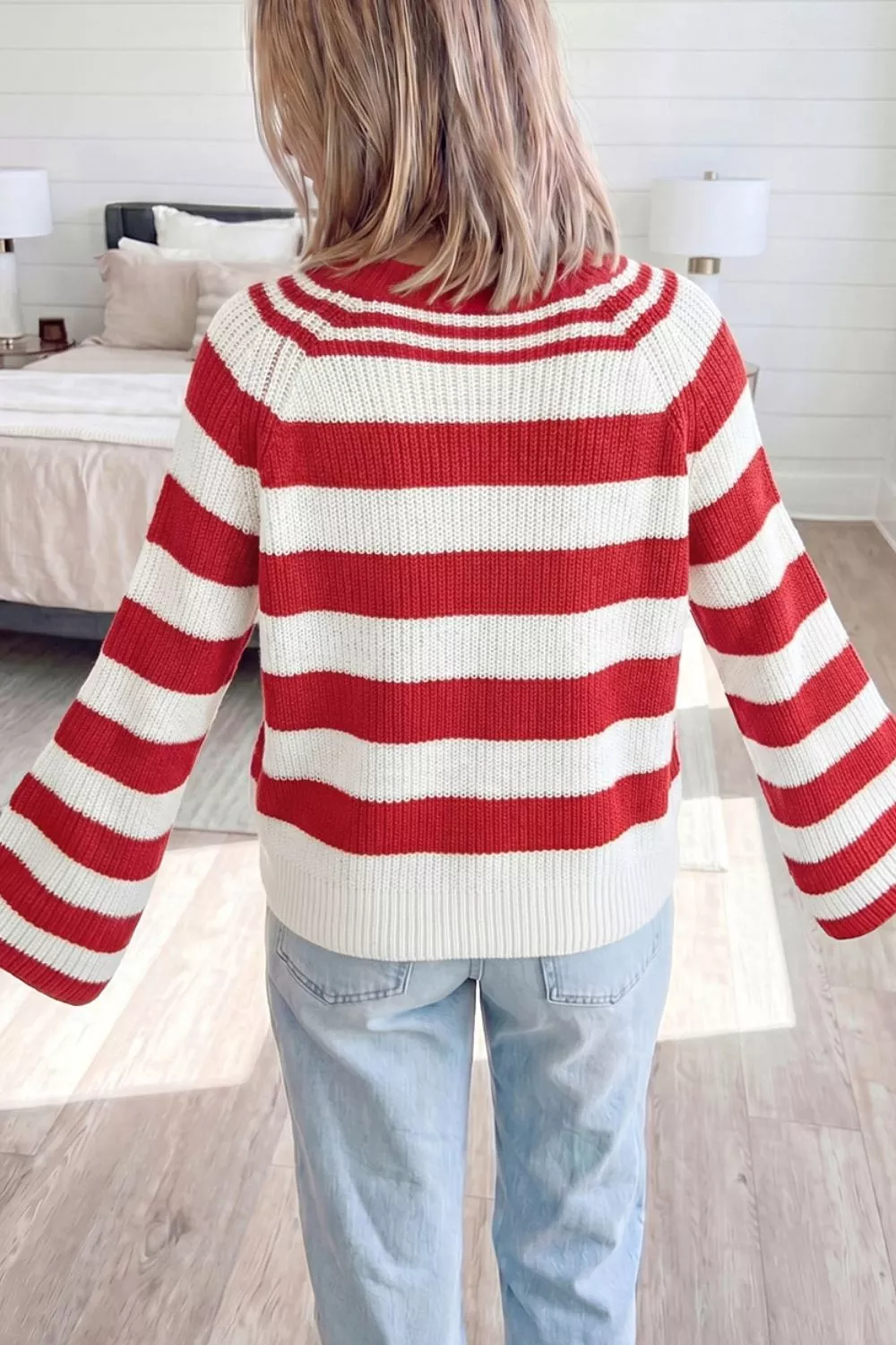 Striped Colorblock V Neck Long Sleeve Shift Sweater, image 5