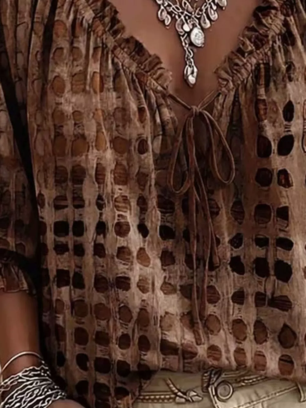 Full Size Tie Neck 3/4 Sleeve Blouse Plus Size, image 8