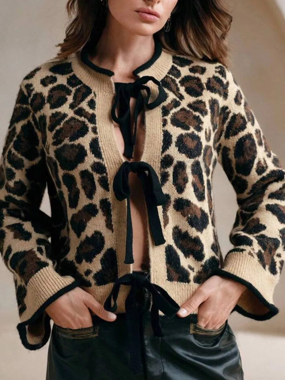 Leopard Print Bow-Tie Front Cropped Cardigan, image 3