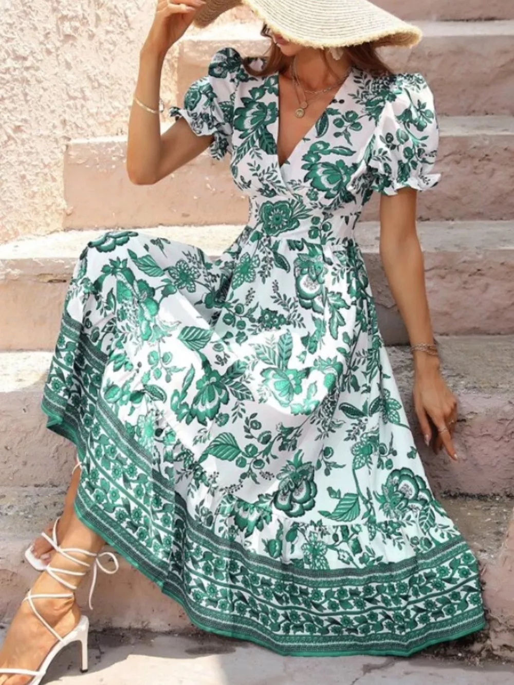 Floral Print Puff Sleeve Wrap Midi Dress, image 9