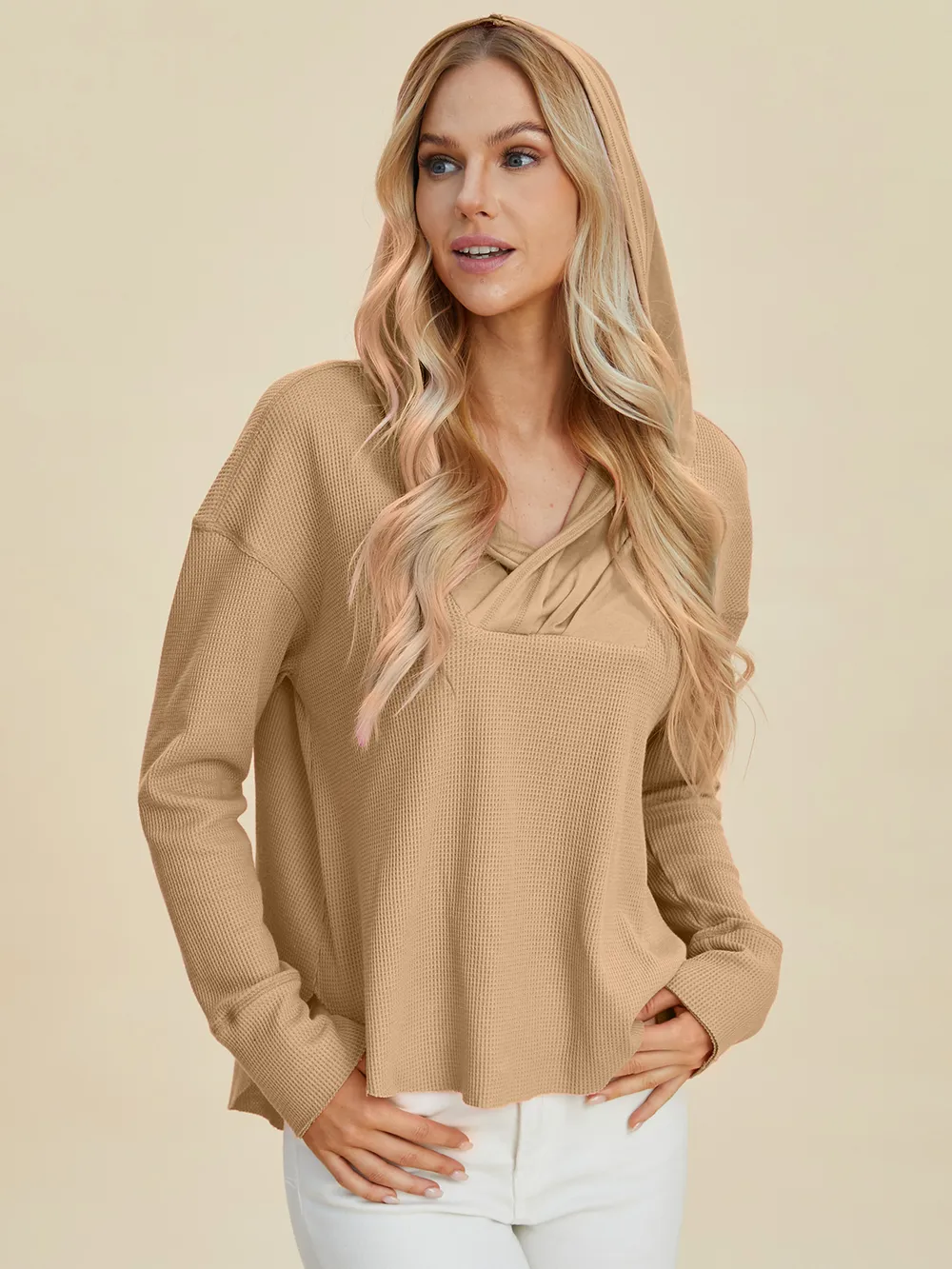 Full Size High-Low Dropped Shoulder Long Sleeve Hoodie, image 2