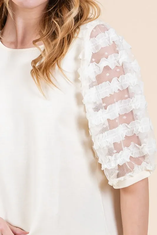 Full Size Lace Puff Sleeve Round Neck Top Plus Size, image 7