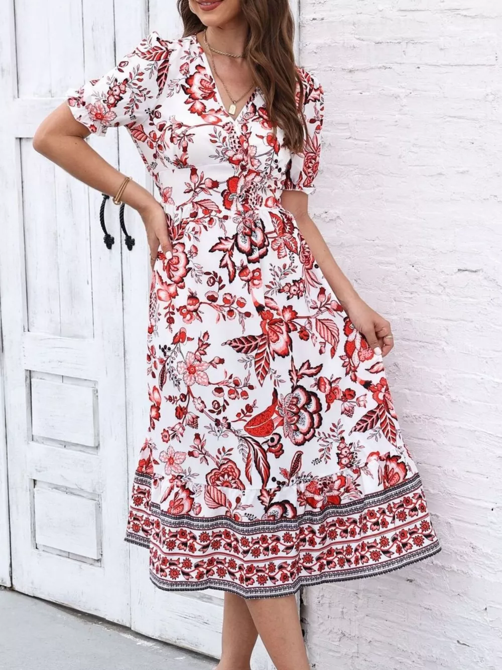 Floral Print Puff Sleeve Wrap Midi Dress, image 18