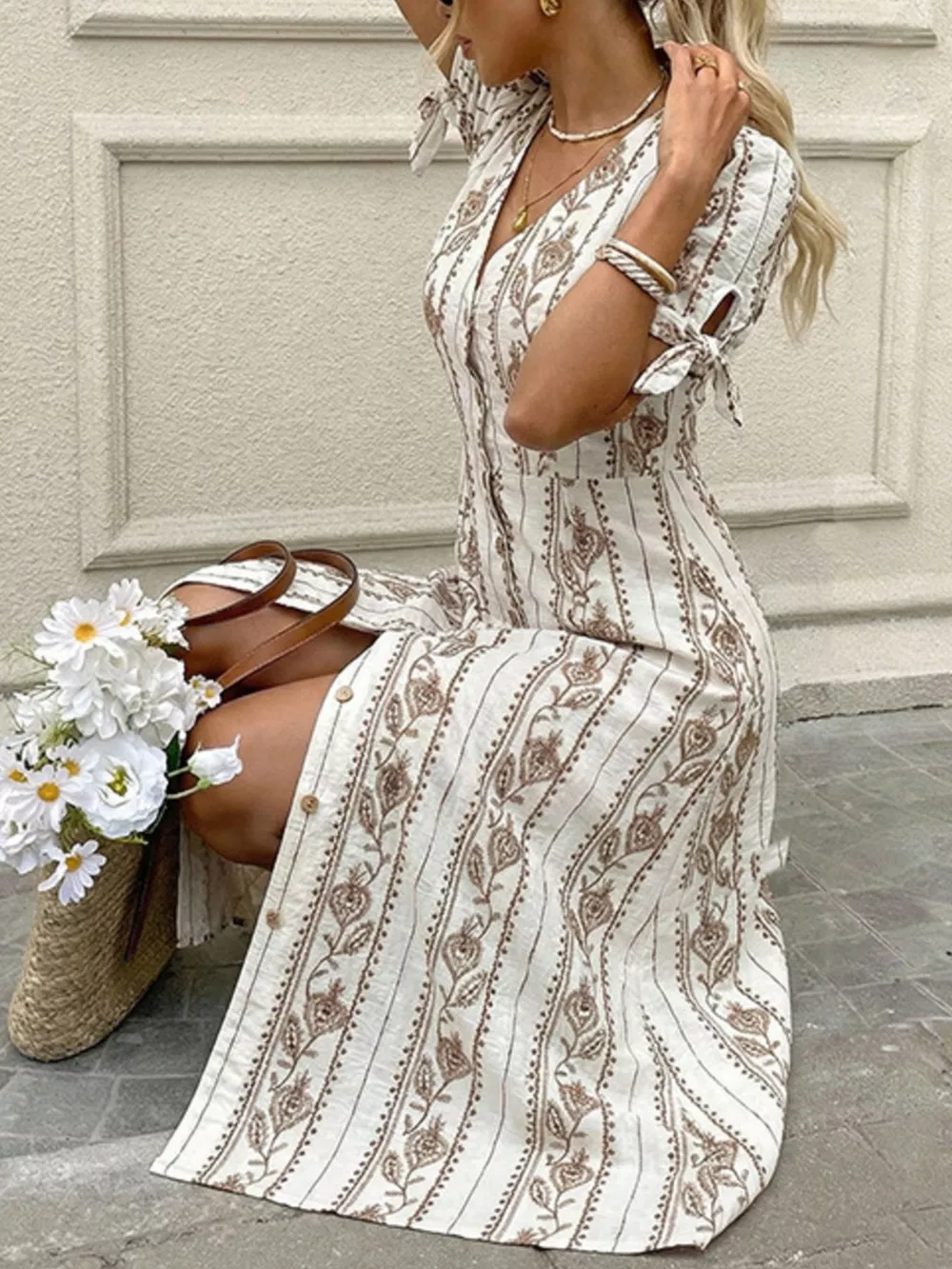 Printed Button-Down Midi Dress, image 3