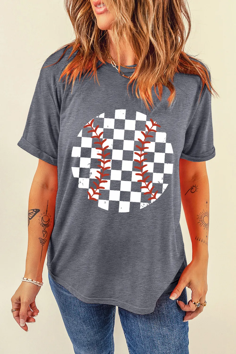 Checkered Graphic Round Neck Short Sleeve T-Shirt, image 3