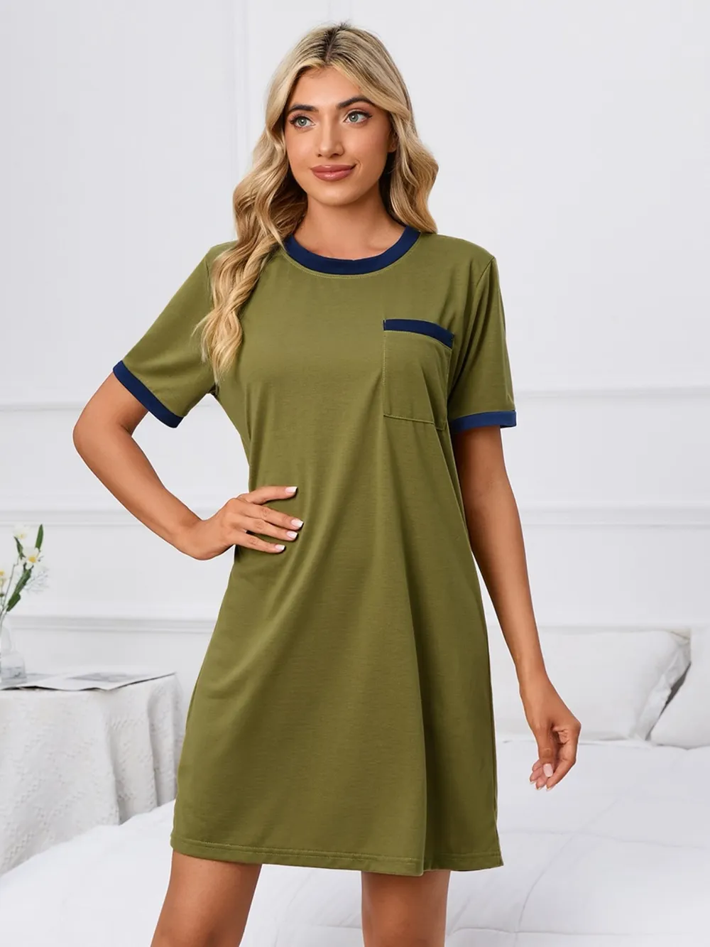 Contrast Trim Round Neck Mini Dress, image 6