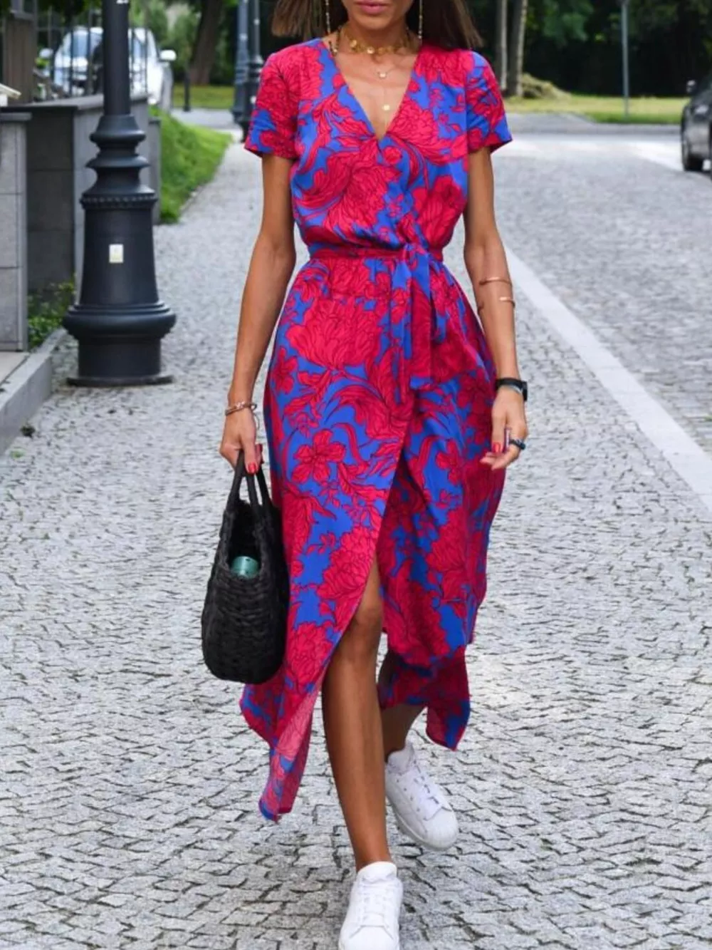 Full Size Slit Floral Print Short Sleeve Dress Plus Size, image 6