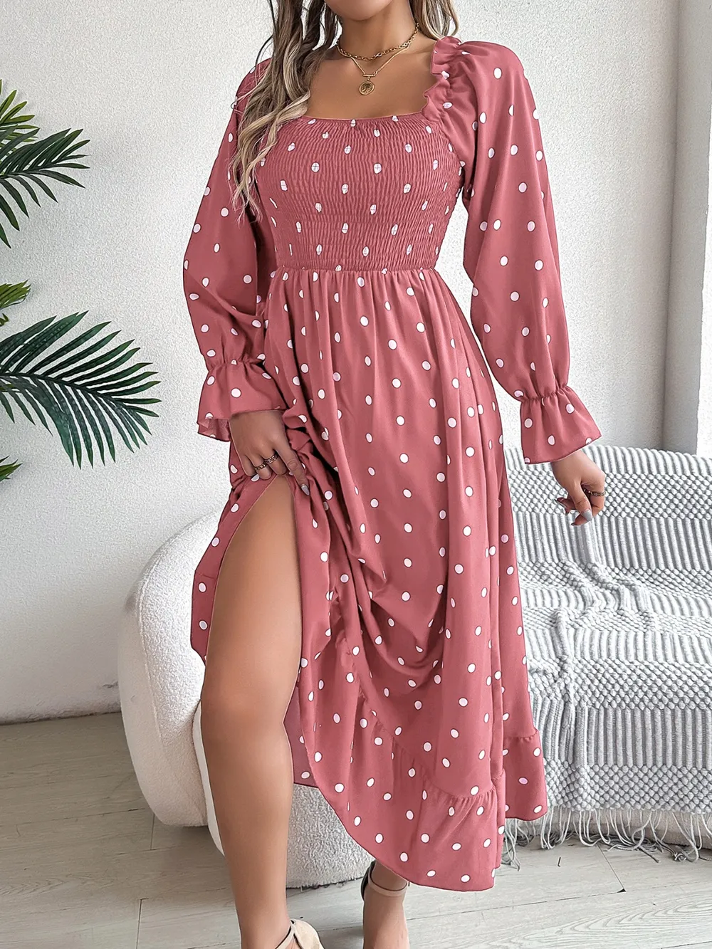 Polka Dot Flounce Sleeve Midi Dress, image 2